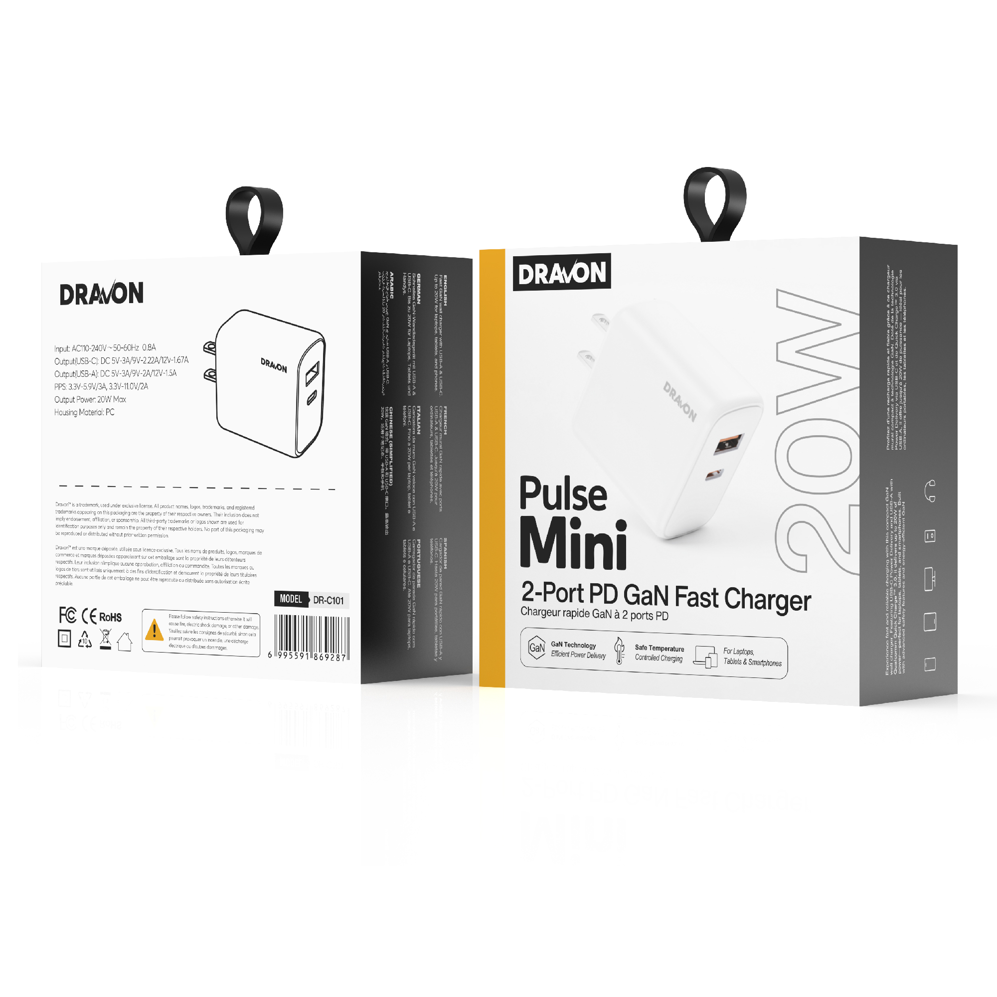 20W USB-A + USB-C GaN Wall Charger (DRAVON Pulse Mini)