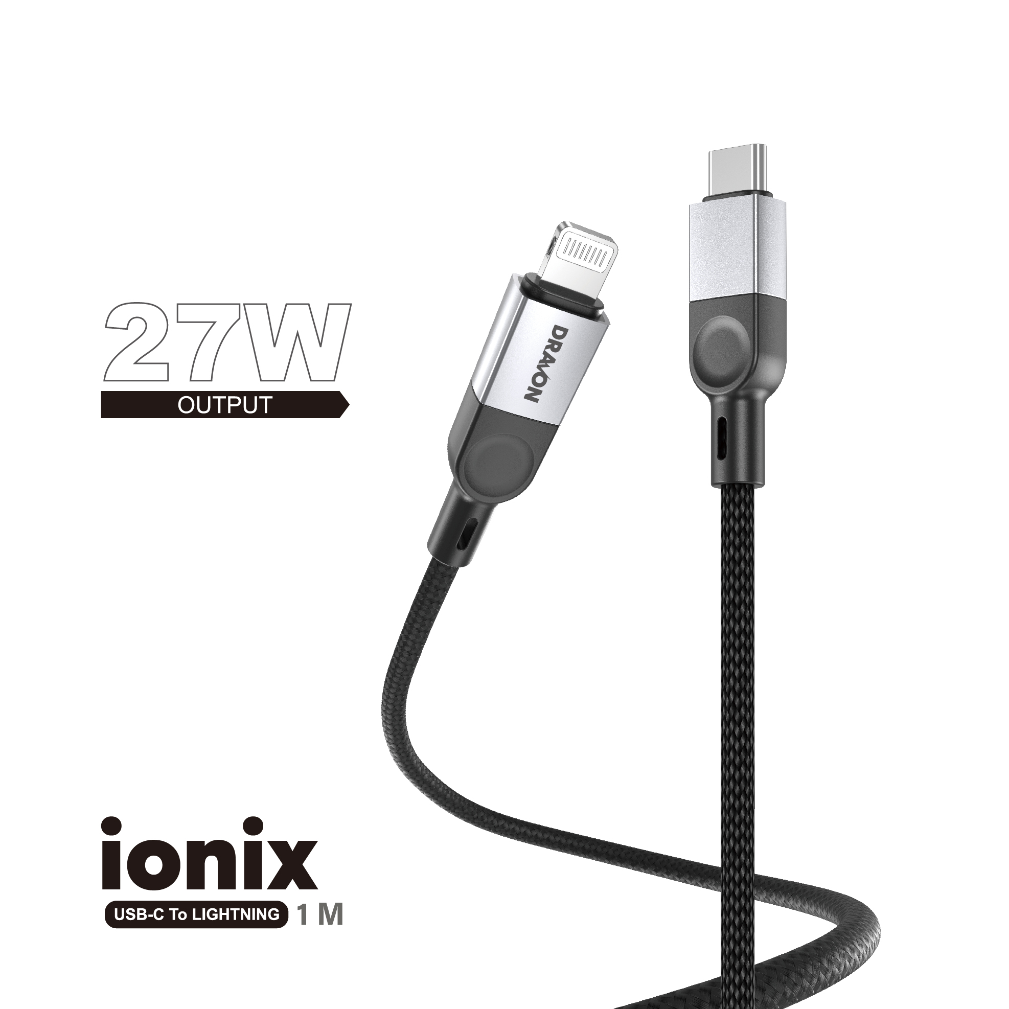 27W USB-C to Lightning Cable (DRAVON ionix) (1M) - Black