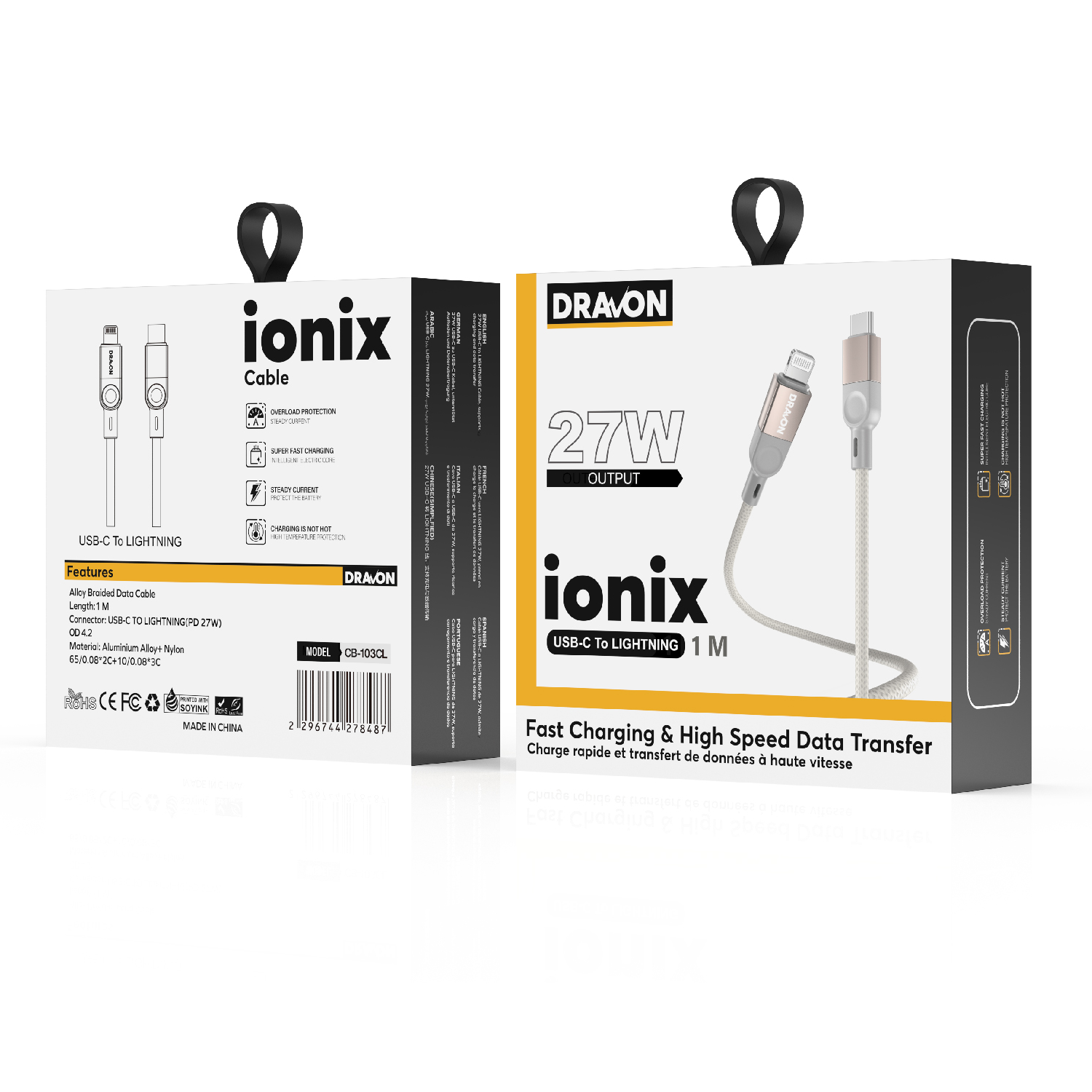 27W USB-C to Lightning Cable (DRAVON ionix) (1M) - Grey