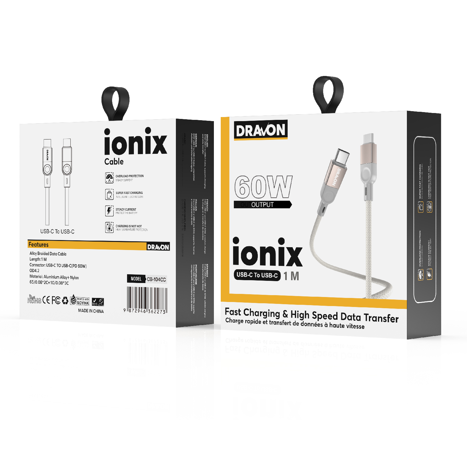 60W USB-C to USB-C Cable (DRAVON ionix) (1M) - Grey