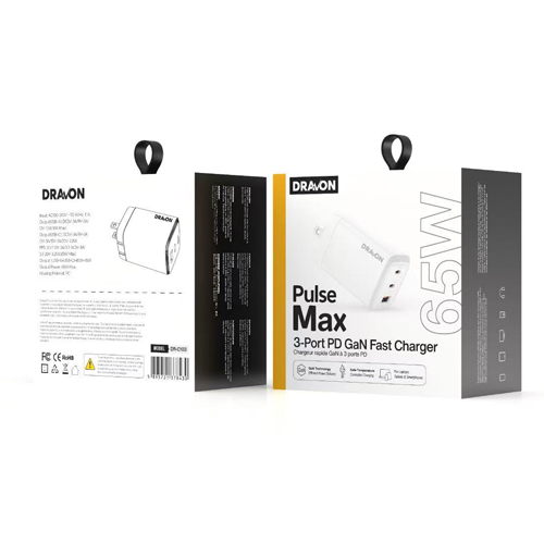 65W USB-A + 2X USB-C GaN Wall Charger (Dravon Pulse Max)
