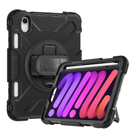 Armor Case with 360 Rotating Stand with Hand Strap for Apple iPad Mini 6 / Mini 7 - Black