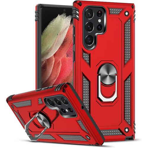 Armor Hybrid Military Case with Ring Kickstand For Samsung Galaxy S22 Ultra - Red
