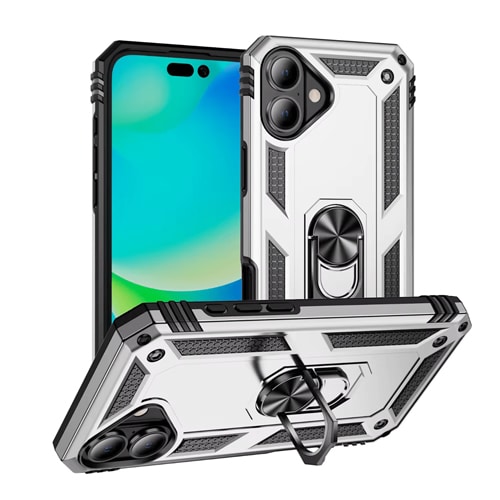 Armor Hybrid Military Case with Ring Kickstand for Apple iPhone 16 Plus - Silver