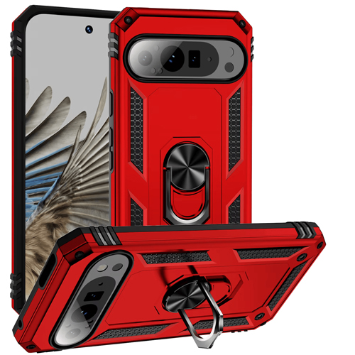 Armor Hybrid Military Case with Ring Kickstand for Google Pixel 9 / 9 Pro - Red