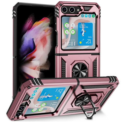 Armor Hybrid Military Case with Ring Kickstand for Samsung Galaxy Z Flip 7 - Rose Golden
