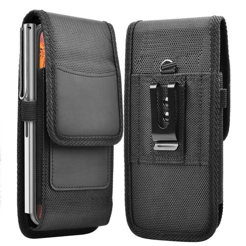 Universal Vertical Nylon Belt Pouch with Card Slot & Metal Clip for 6.5" - Black