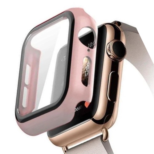 Full Coverage Protection Frame PC Hard Case With Tempered Glass for iWatch Series 38MM - Pink