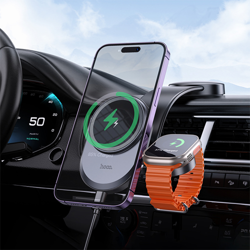Hoco 2 in 1 Magnetic Phone & Watch Car Holder with Wireless Fast Charging HW28 - Black
