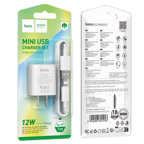 Hoco Mini Charger with USB-A to Lightning Cable Set C134 - White