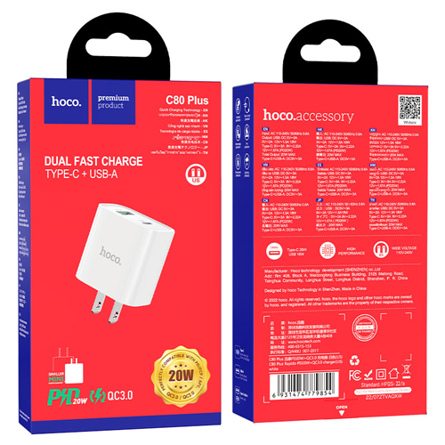 Hoco Quick Charger Type-C + USB-A C80 Plus Rapido