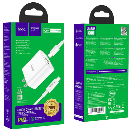 Hoco Quick Charger with Type-C Cable to Lightning C80 Rapido