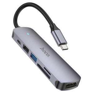 Hoco Type-C 6 in 1 Multifunction Converter (HDMI+USB3.0+USB2.0+SD+TF+PD) 100W HB28 - Metal Gray