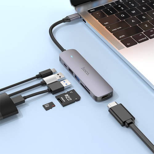 Hoco Type-C 6 in 1 Multifunction Converter (HDMI+USB3.0+USB2.0+SD+TF+PD) 100W HB28 - Metal Gray