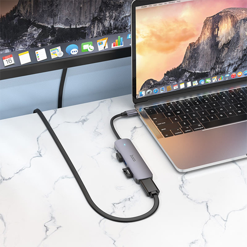 Hoco Type-C 6 in 1 Multifunction Converter (HDMI+USB3.0+USB2.0+SD+TF+PD) 100W HB28 - Metal Gray
