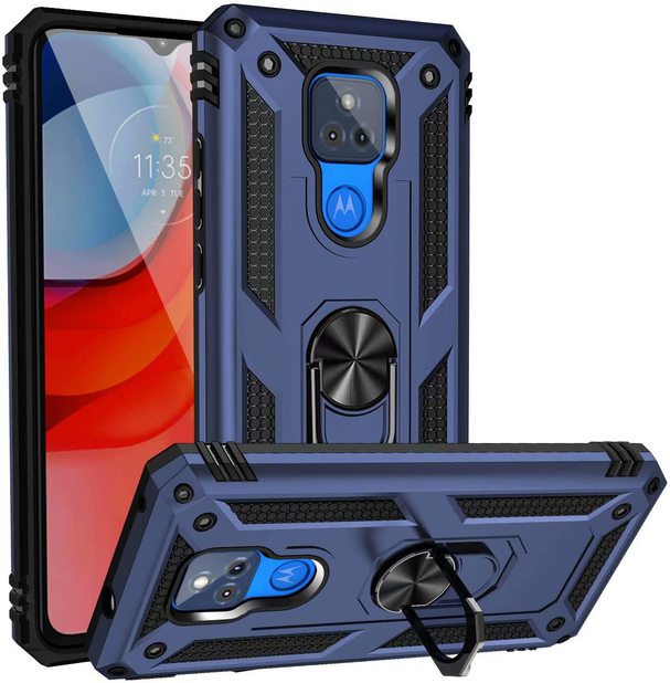 Armor Hybrid Military Case with Ring Kickstand for Moto G Play (2021) - Navy Blue