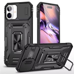 New Military Case with Ring Kickstand for Apple iPhone 16 - Black