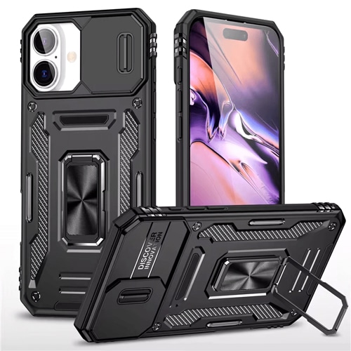 New Military Case with Ring Kickstand for Apple iPhone 16 - Black