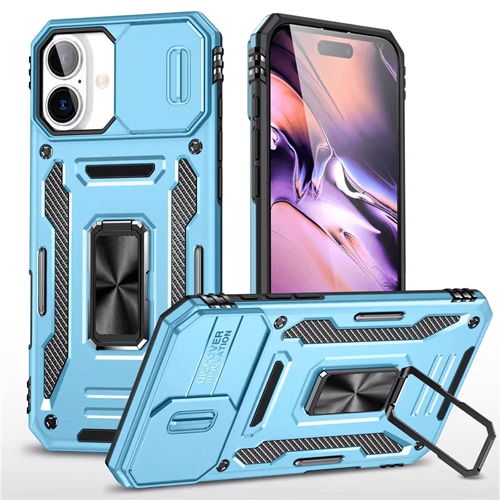 New Military Case with Ring Kickstand for Apple iPhone 16 Plus - Light Blue