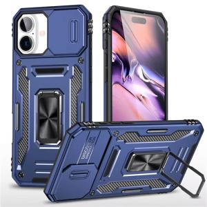 New Military Case with Ring Kickstand for Apple iPhone 16 - Navy Blue