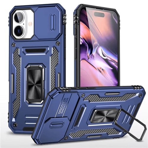 New Military Case with Ring Kickstand for Apple iPhone 16 - Navy Blue
