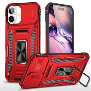 New Military Case with Ring Kickstand for Apple iPhone 16 Plus - Red