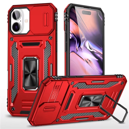 New Military Case with Ring Kickstand for Apple iPhone 16 Plus - Red