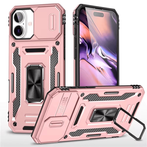 New Military Case with Ring Kickstand for Apple iPhone 16 Plus - Rose Golden
