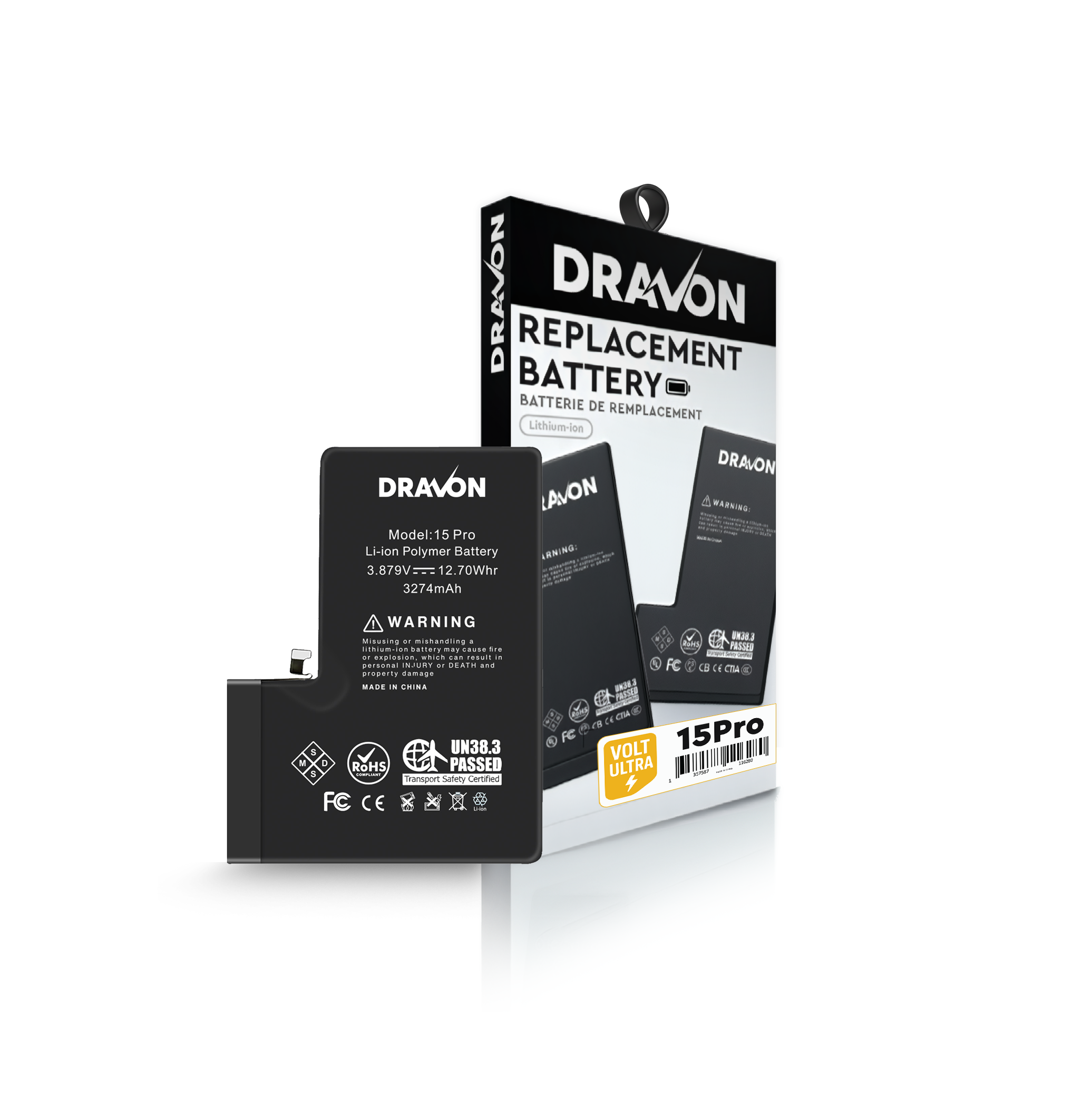 Replacement Battery Compatible for iPhone 15 Pro (DRAVON Ultra)