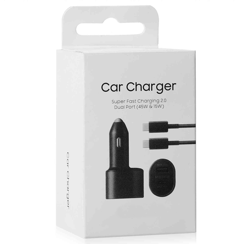Super Fast Car Charger, Dual Port (45W USB-C & 15W USB-A) with USB-C to USB-C Cable in Retail Packaging - Black