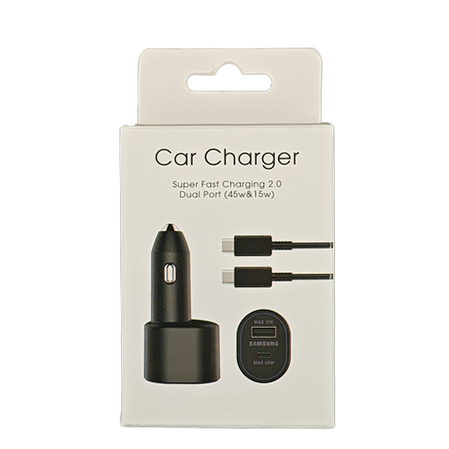 Super Fast Car Charger, Dual Port (45W USB-C & 15W USB-A) with USB-C to USB-C Cable in Retail Packaging - Black