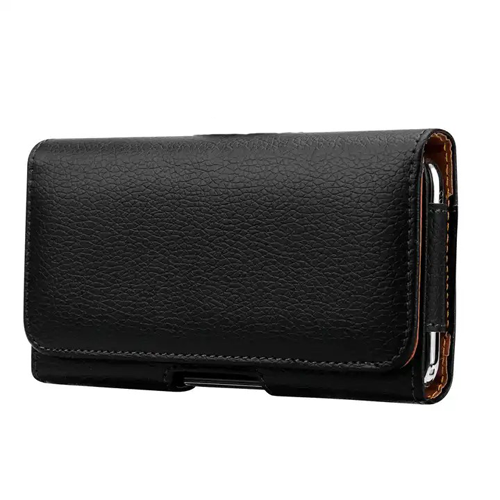 Universal Horizontal Leather Belt Pouch with Metal Clip for 5.5" - Black