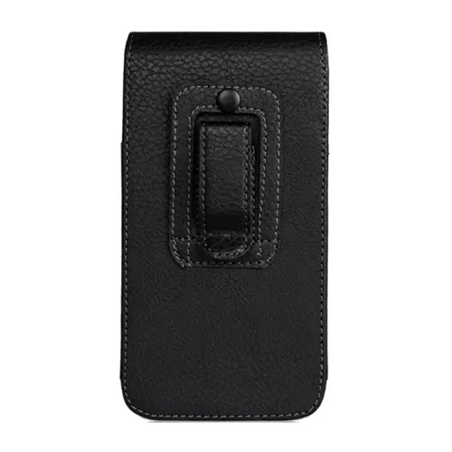 Universal Vertical Leather Belt Pouch with Metal Clip for 6.5" - Black