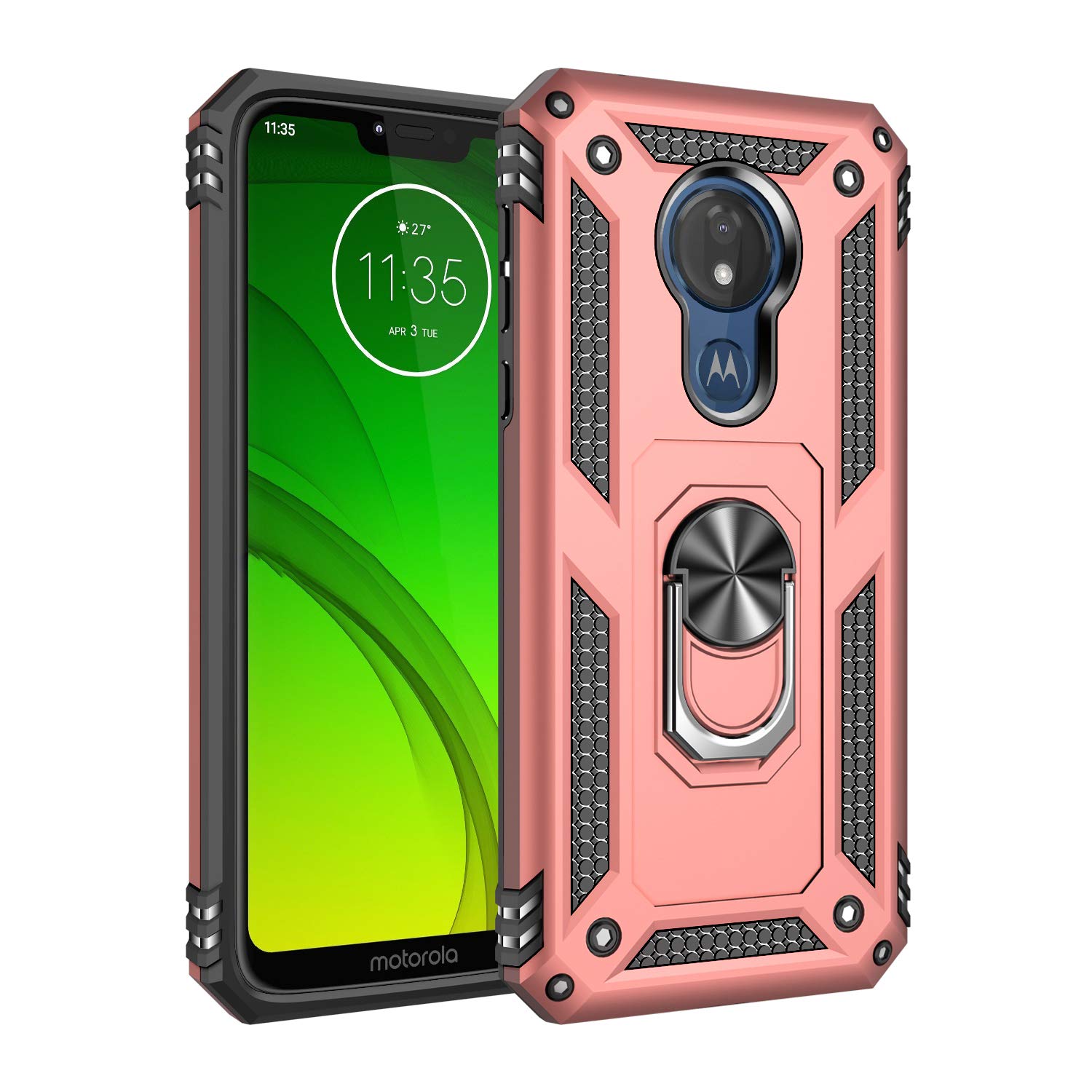 Armor Hybrid Military Case with Ring Kickstand for Moto G7 Play - Rose Golden