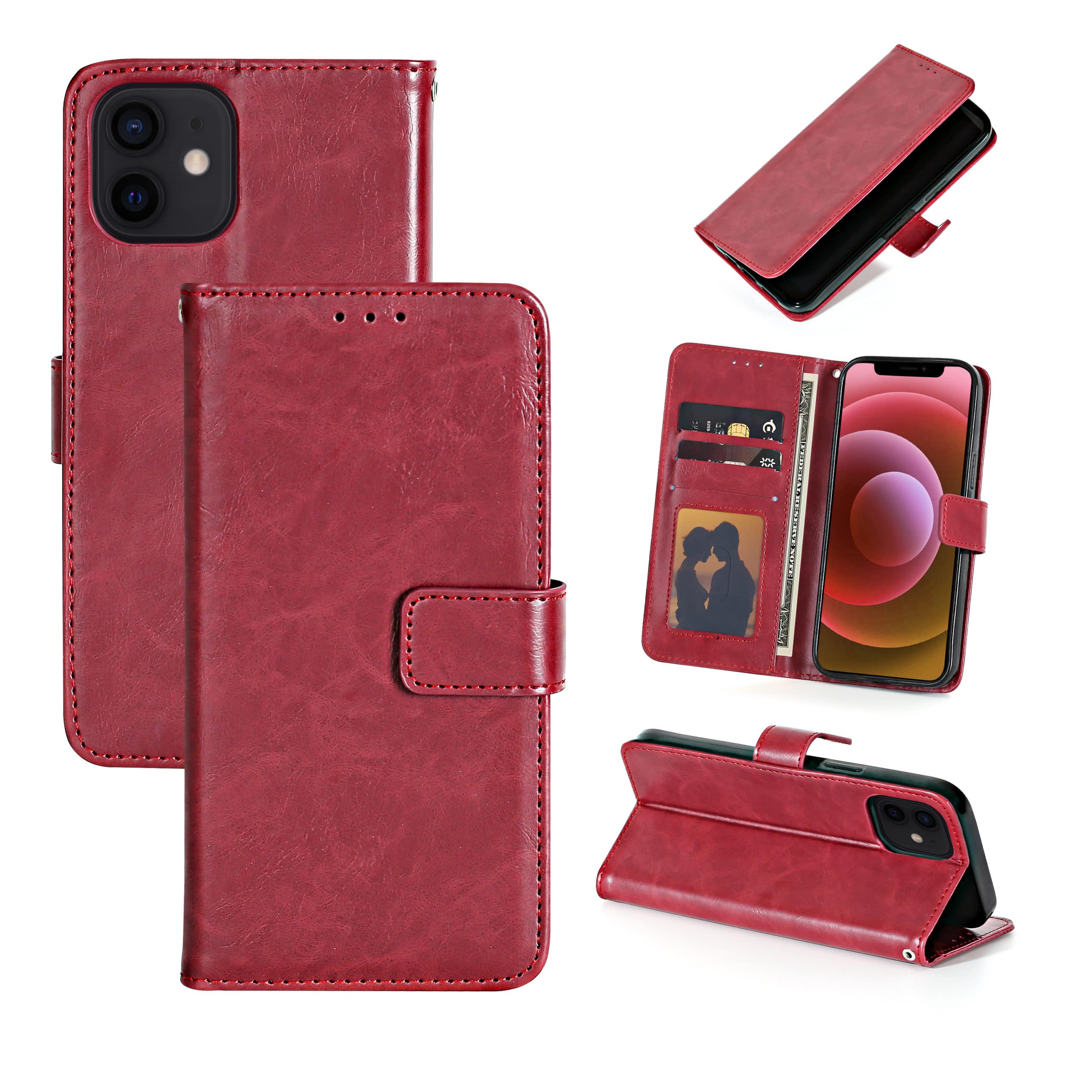PU Leather Wallet Case for Apple iPhone 12 Pro Max - Wine
